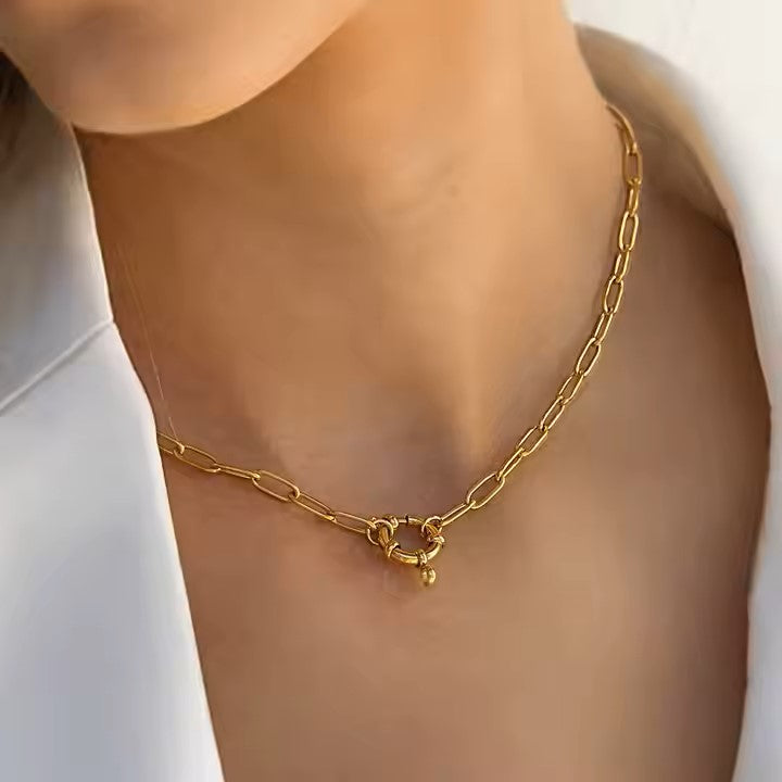 Circle Charm Paperclip Necklace Gold on Model