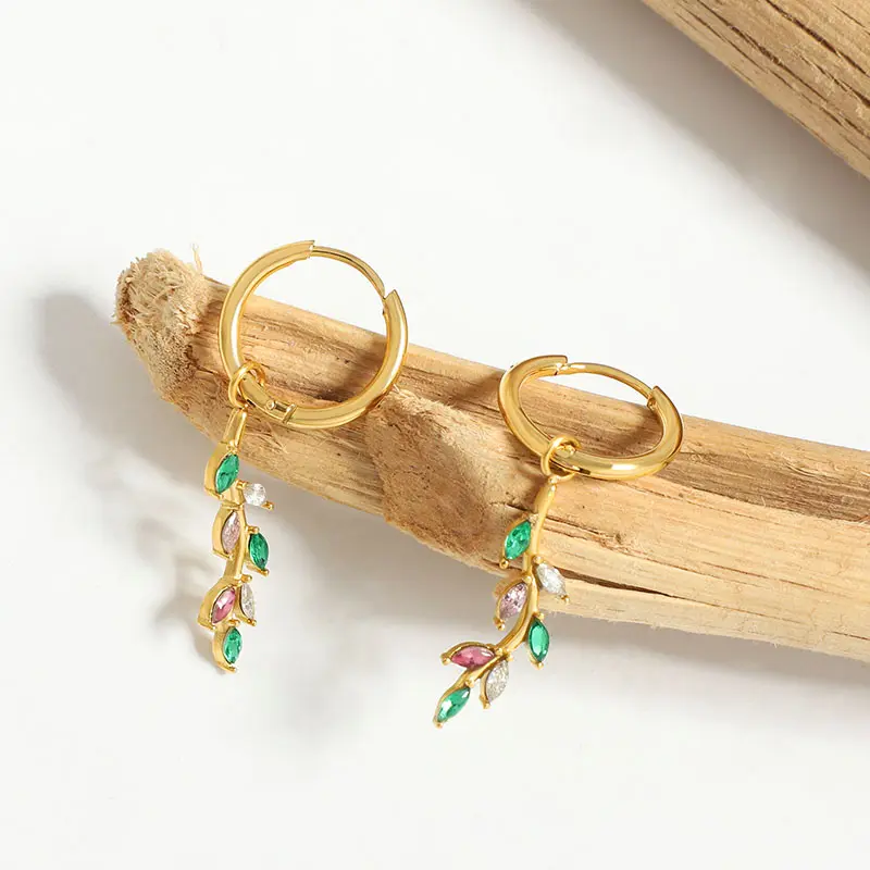 Long Tassel Zirconia Leaf Earrings on Bamboo