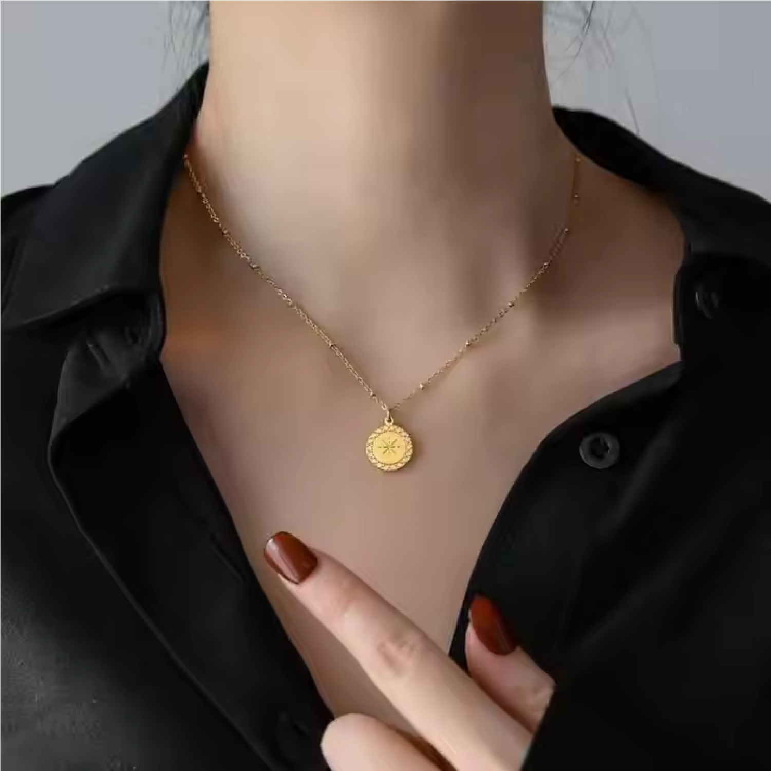 Round Compass Pendant Necklace on Model