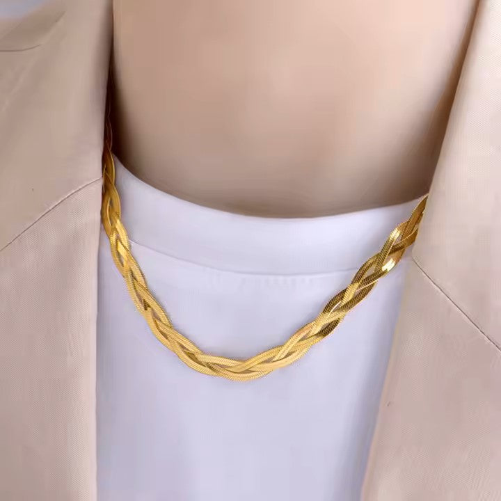 Three Layer Twisted Herringbone Snake Necklace on Model