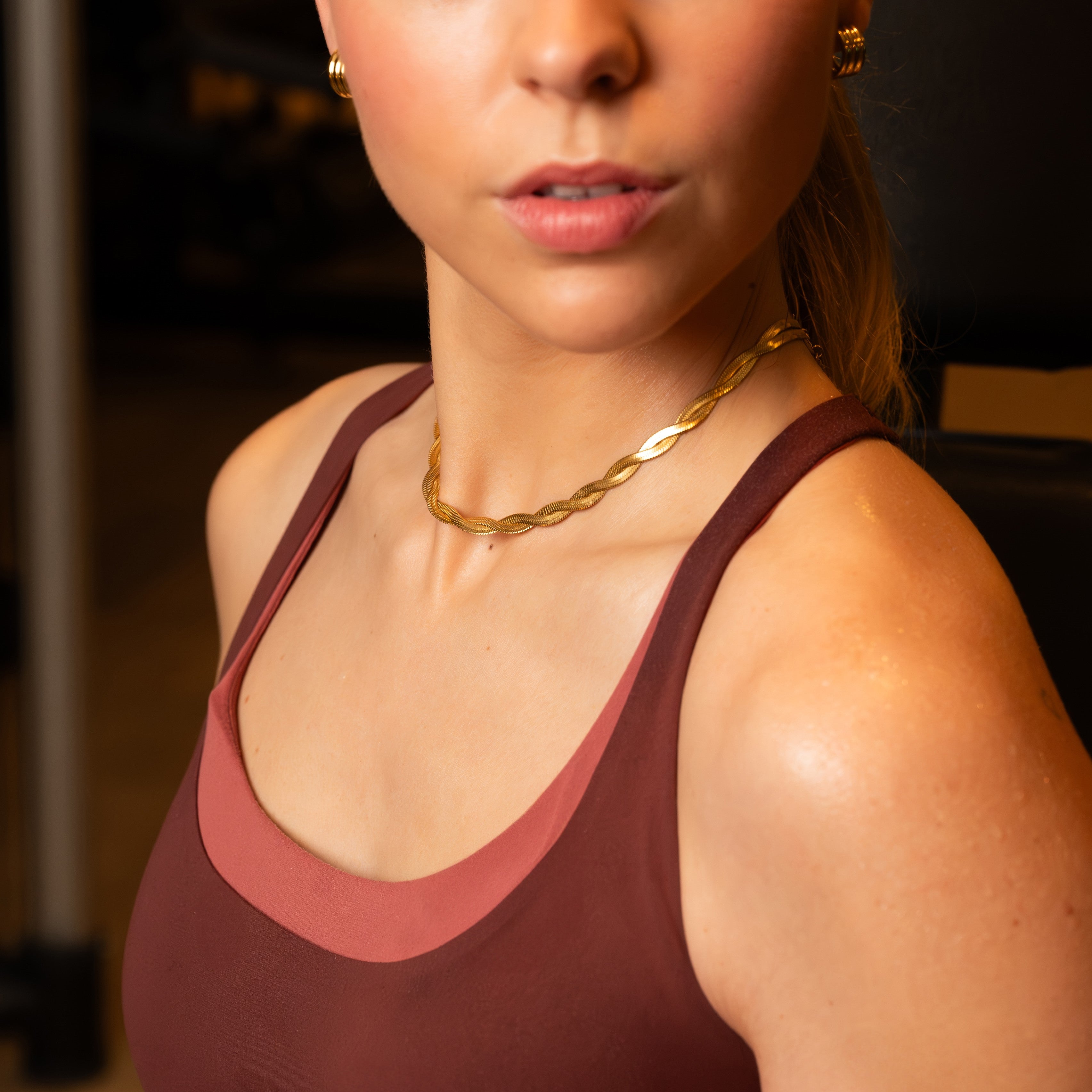 Twisted Double Layer Herringbone Snake Necklace on Model